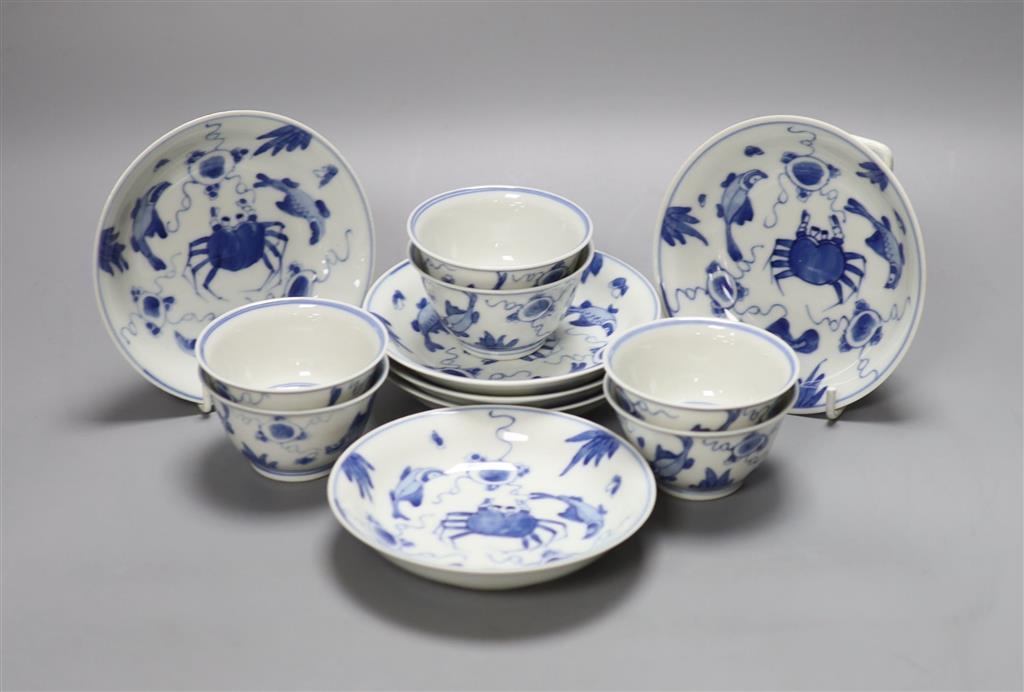 Six Chinese blue and white Sea creatures teabowls and saucers